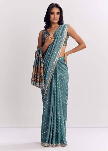 Blue Shaded Muslin Printed Saree With Mirror Gota Zari And Sequins