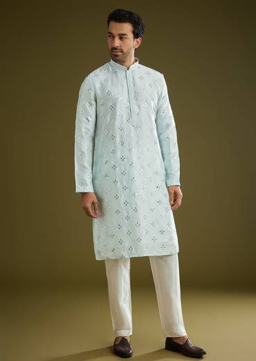 Blue Silk Blend Kurta Set With Mirror Work