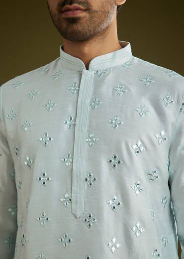 Blue Silk Blend Kurta Set With Mirror Work