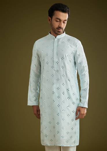 Blue Silk Blend Kurta Set With Mirror Work