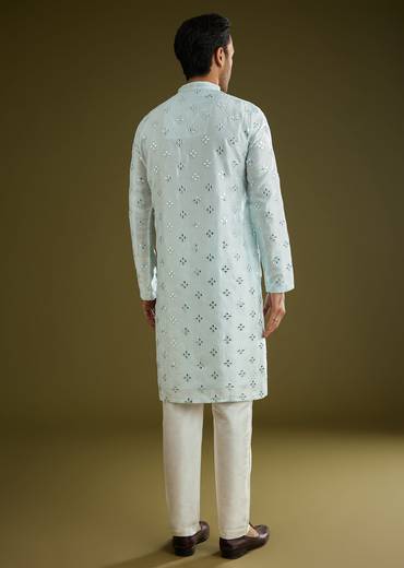 Blue Silk Blend Kurta Set With Mirror Work