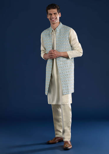 Blue Silk Cutwork Jacket Kurta Set
