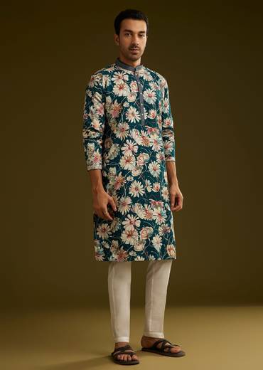 Teal Green Silk Floral Kurta Set With Stone Work