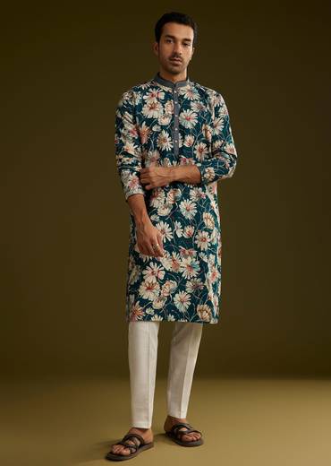 Teal Green Silk Floral Kurta Set With Stone Work