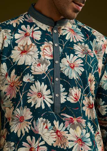 Teal Green Silk Floral Kurta Set With Stone Work