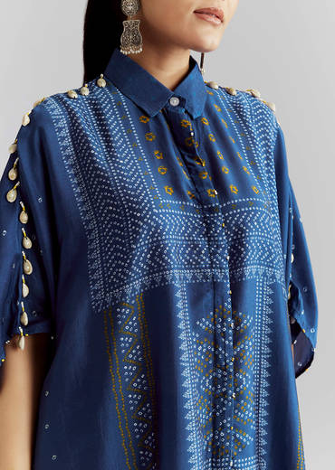 Blue Silk Kaftaan Kurta Set With Bandhani Print