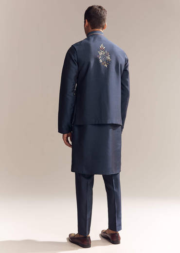 Blue Silk Kurta Jacket Set For Men With Resham Embroidery