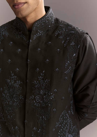 Blue Silk Kurta Jacket Set For Men With Resham Work