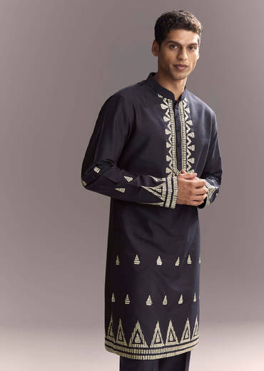 Blue Silk Kurta Jacket Set For Men With Sequins And Zari Embroidery