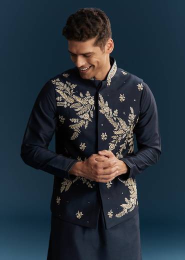 Blue Silk Kurta Jacket Set With Thread Mirror And Sequin Bead Work