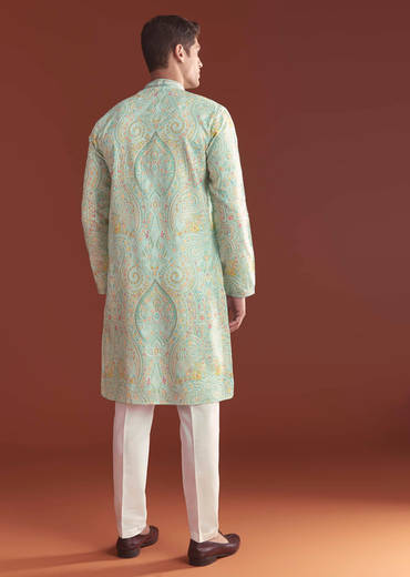 Blue Silk Kurta Set For Men With Ethnic Thread Work