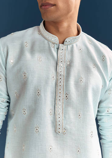 Pastel Blue Silk Kurta Set For Men With Mirror Work