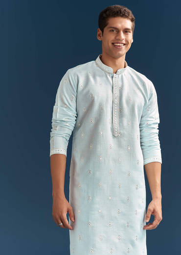 Pastel Blue Silk Kurta Set For Men With Mirror Work
