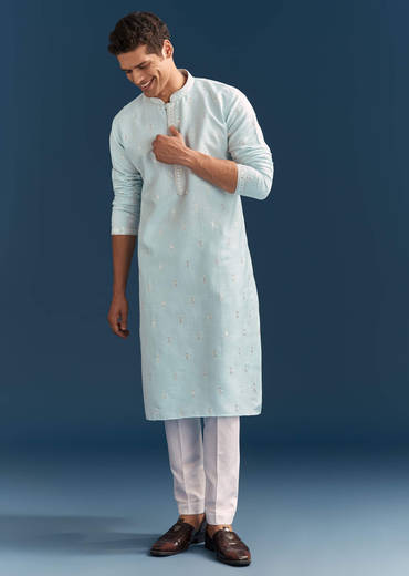 Pastel Blue Silk Kurta Set For Men With Mirror Work