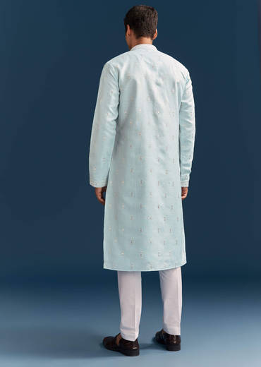 Pastel Blue Silk Kurta Set For Men With Mirror Work