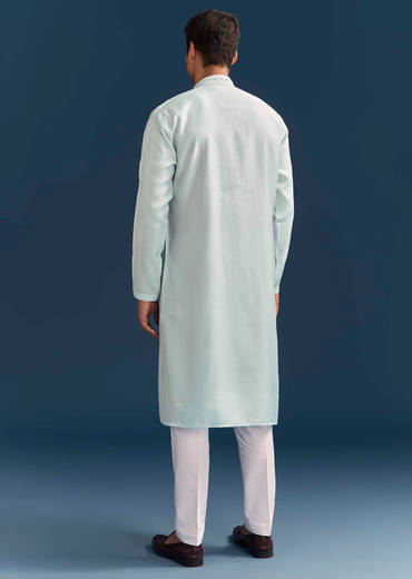 Blue Silk Kurta Set For Men With Mirror Embroidery