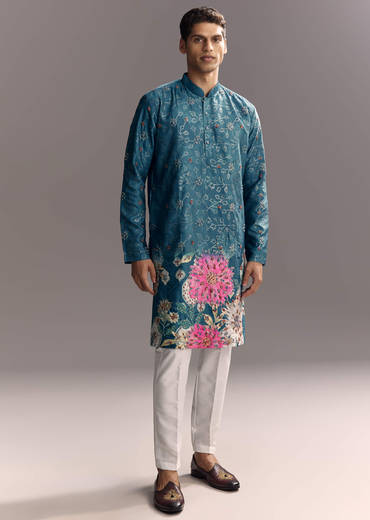 Blue Silk Kurta Set For Men With Resham Embroidery