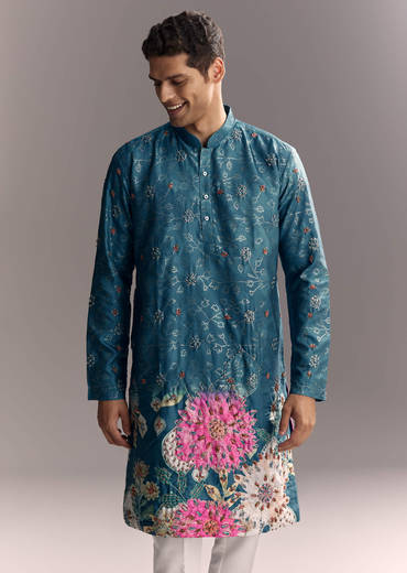 Blue Silk Kurta Set For Men With Resham Embroidery
