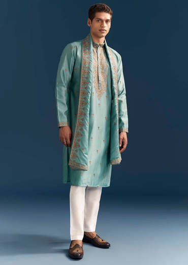 Blue Silk Kurta Set For Men With Thread Embroidery