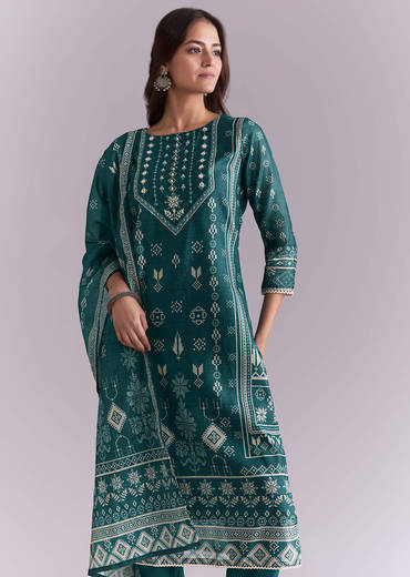 Blue Silk Kurta Set With Indie Print