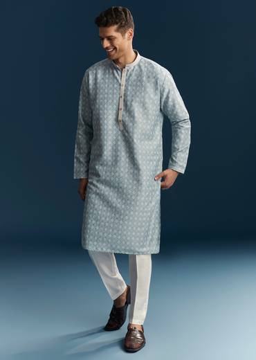 Blue Silk Kurta Set With Thread Detail Work