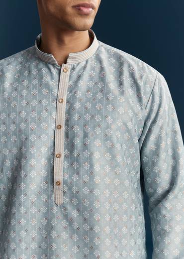 Blue Silk Kurta Set With Thread Detail Work