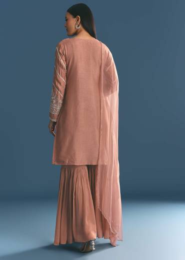 Peach Silk Kurta Sharara Suit With Cutdana Sequins Work
