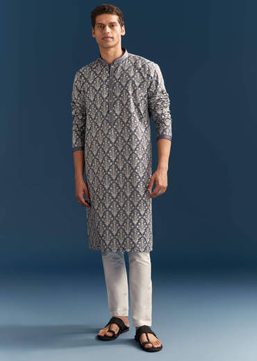 Blue Silk Kurta Set For Men With Thread Embroidery