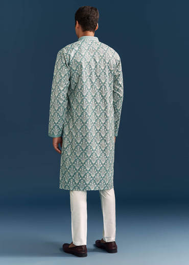 Teal Blue Silk Kurta Set For Men With Thread Work
