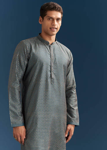 Blue Silk Textured Kurta Set For Men With Embroidery