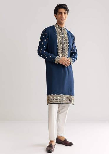 Blue Silk Yoke Embroidered Kurta Set With Gotta And Resham Work