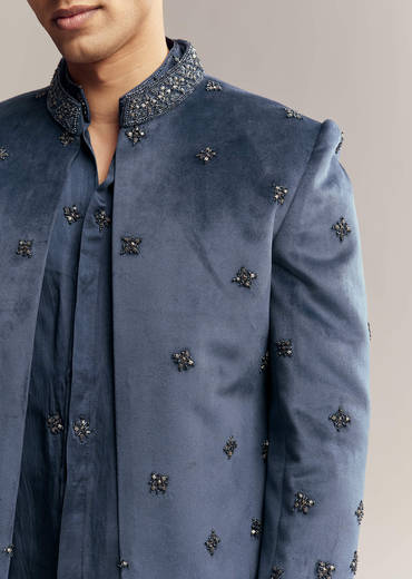 Blue Suede Indo Western For Men With Aari Embroidery