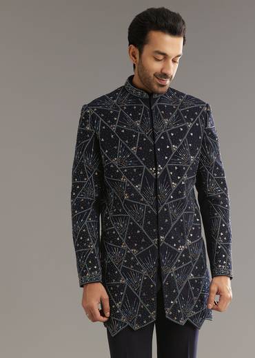 Blue Suiting Indo Western Set With Beaded Work
