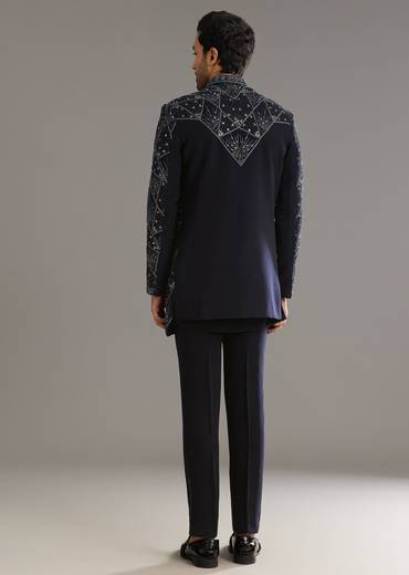 Blue Suiting Indo Western Set With Beaded Work