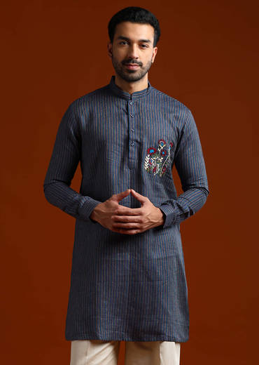 Blue Textured Kurta Set For Men With Resham Embroidery