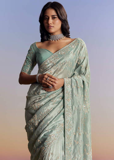 Blue Tissue Saree With Cutdana Sequins And Beads Hand Embroidery