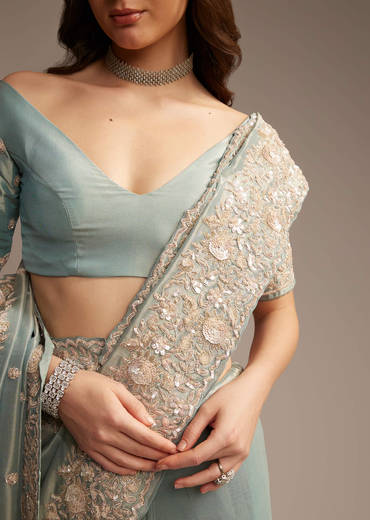 Blue Tissue Saree with Cutwork and Heavy Embroidery
