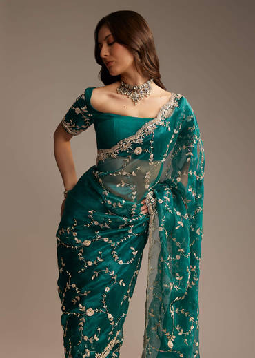 Blue Tissue Saree with Heavy Floral Jaal Embroidery