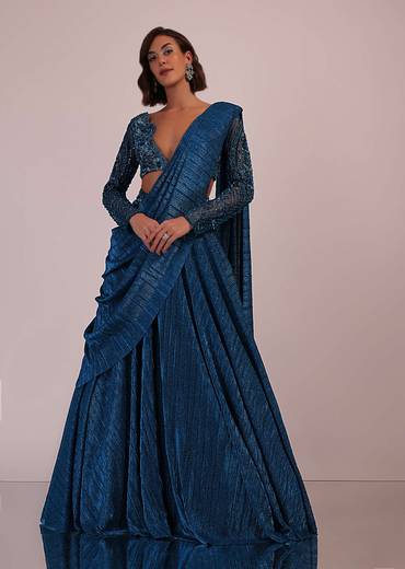 Blue Embroidered Bridesmaid Drape Saree And Blouse Set In Crushed Shimmer