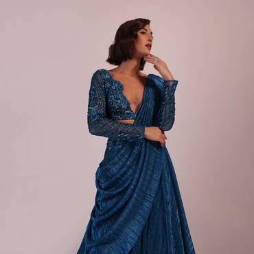 Blue Embroidered Bridesmaid Drape Saree And Blouse Set In Crushed Shimmer