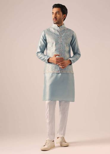 Blue Fusion Jacket Kurta Set with Cutwork