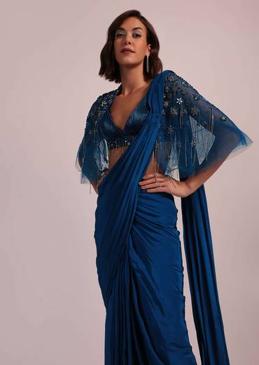 Blue Hand Embroidered Ready Pleated Saree And Blouse In Crepe