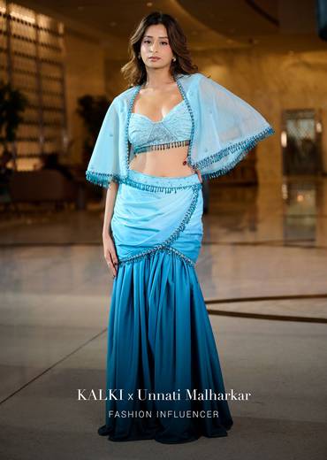 Blue Ombre Draped Skirt With Blouse And Tassel Lace Cape