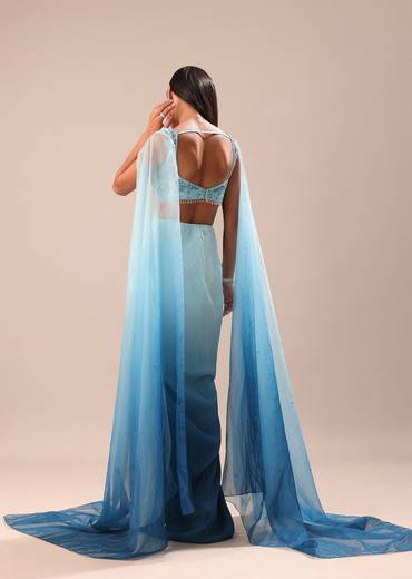 Blue Pre Pleated Twisted Skirt And Blouse With Attched Cape