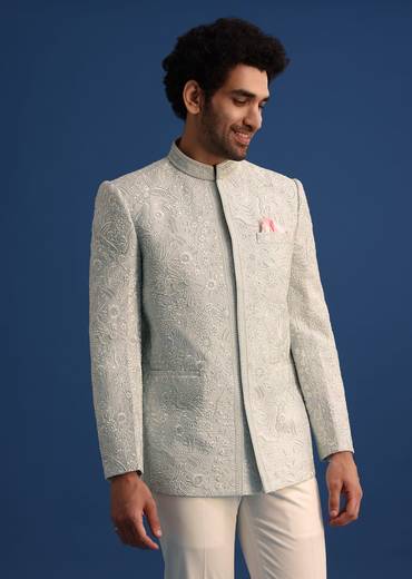Blue Silk Jodhpuri Pant Set With Hand Work
