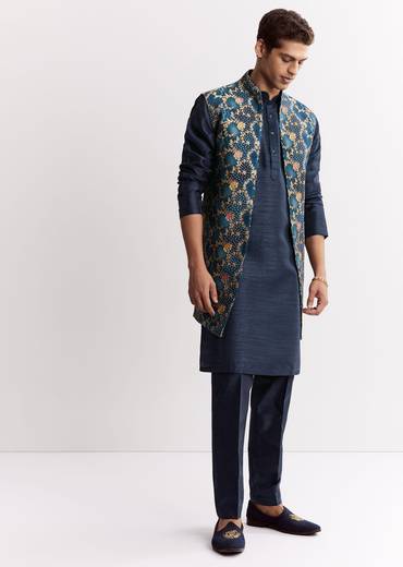 Blue Silk Printed Jacket Kurta Set With Floral Motifs