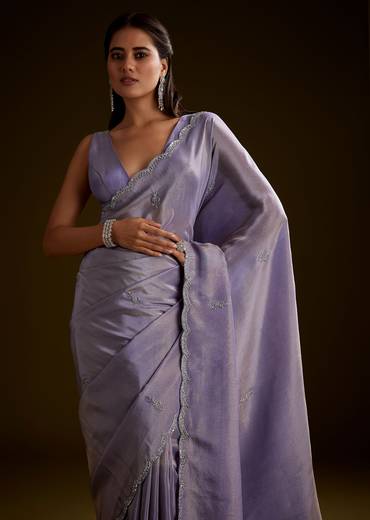 Blush Grey Tissue Saree With Cutdana And Sequins Embroidery And Scallop Border