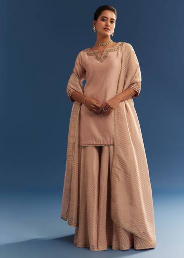 Blush Pink Chanderi Kurta Palazzo Set With Organza Dupatta