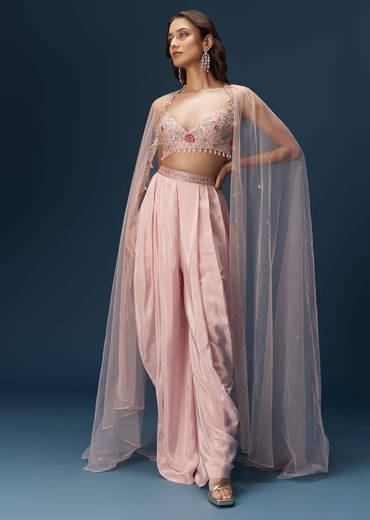 Blush Pink Dhoti Set With Embroidered Blouse And Soft Dupatta