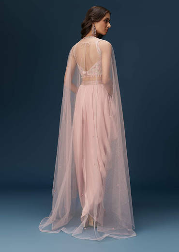 Blush Pink Dhoti Set With Embroidered Blouse And Soft Dupatta